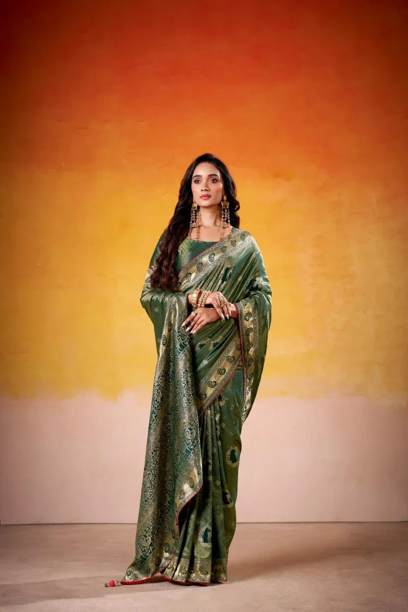 Satin Tissue Woven Design Jacquard Work Handloom Saree With Blouse Piece - EZBER