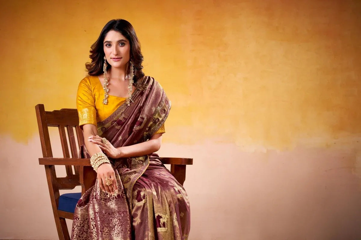 Satin Tissue Woven Design Jacquard Work Handloom Saree With Blouse Piece - EZBER