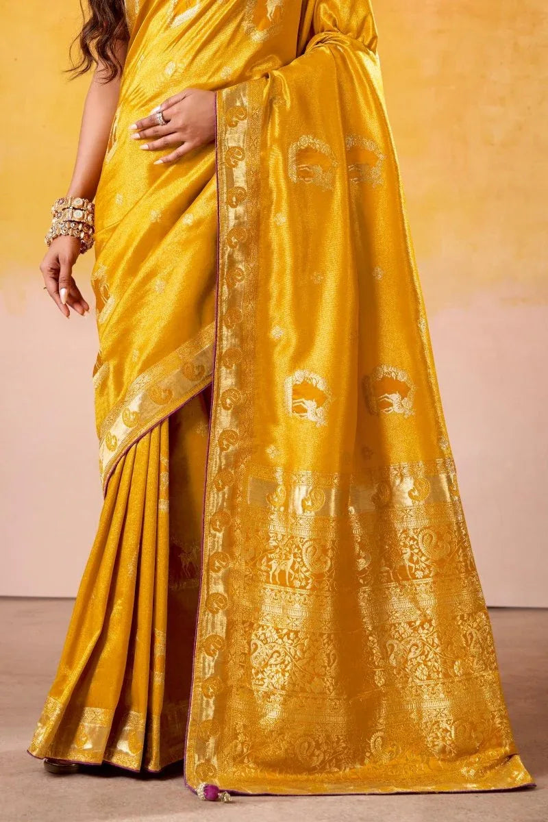 Satin Tissue Woven Design Jacquard Work Handloom Saree With Blouse Piece - EZBER