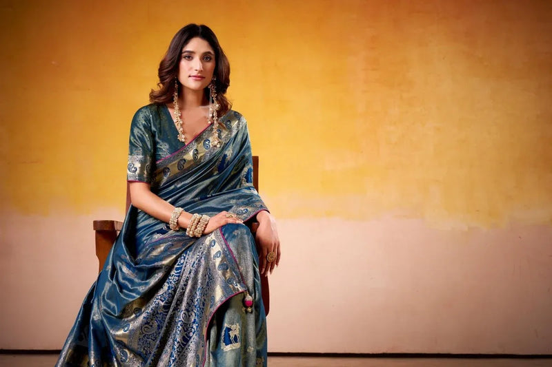 Satin Tissue Woven Design Jacquard Work Handloom Saree With Blouse Piece - EZBER