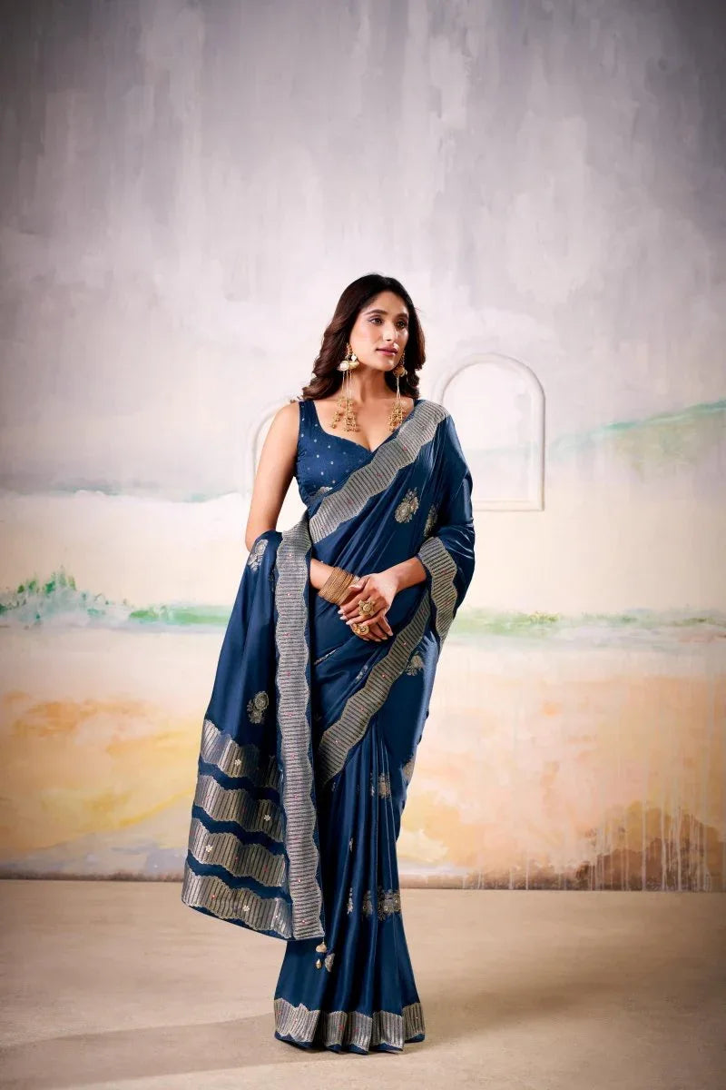 Satin Tissue Woven Design Jacquard Work Handloom Saree With Blouse Piece - EZBER