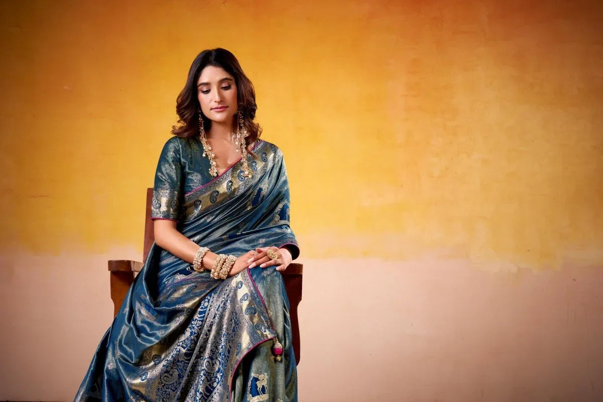 Satin Tissue Woven Design Jacquard Work Handloom Saree With Blouse Piece - EZBER