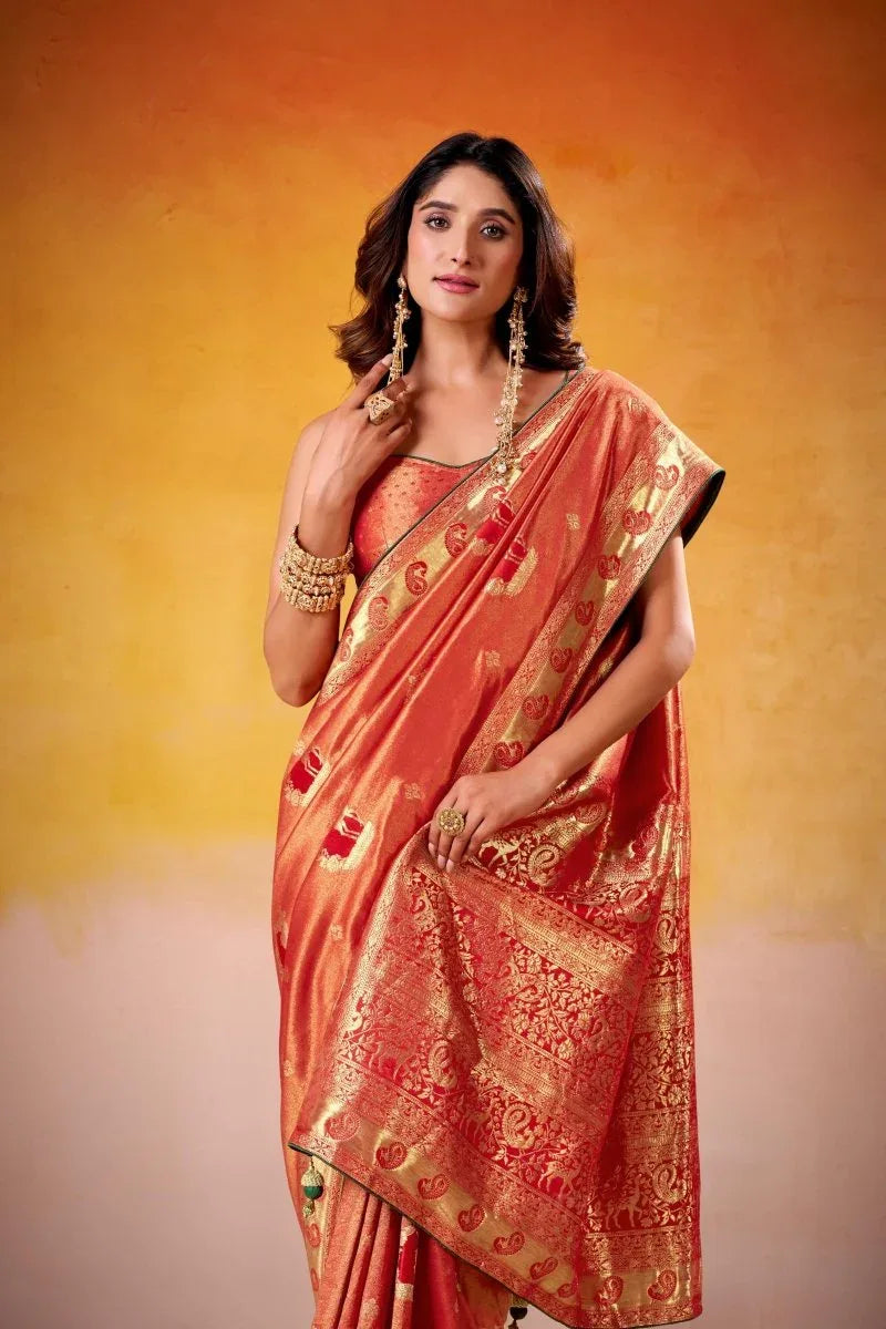 Satin Tissue Woven Design Jacquard Work Handloom Saree With Blouse Piece - EZBER