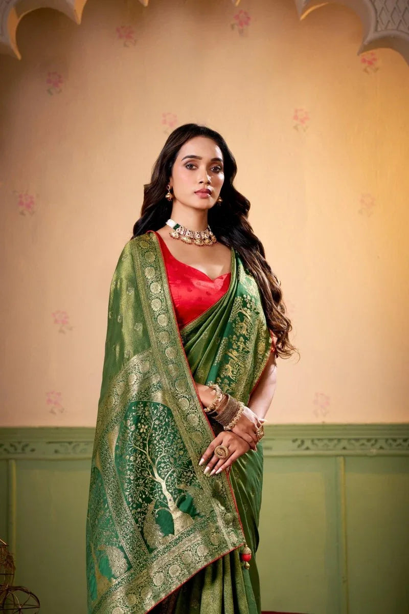 Satin Tissue Woven Design Jacquard Work Saree With Blouse Piece - EZBER