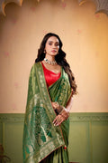 Green Satin Tissue Saree with Blouse Piece