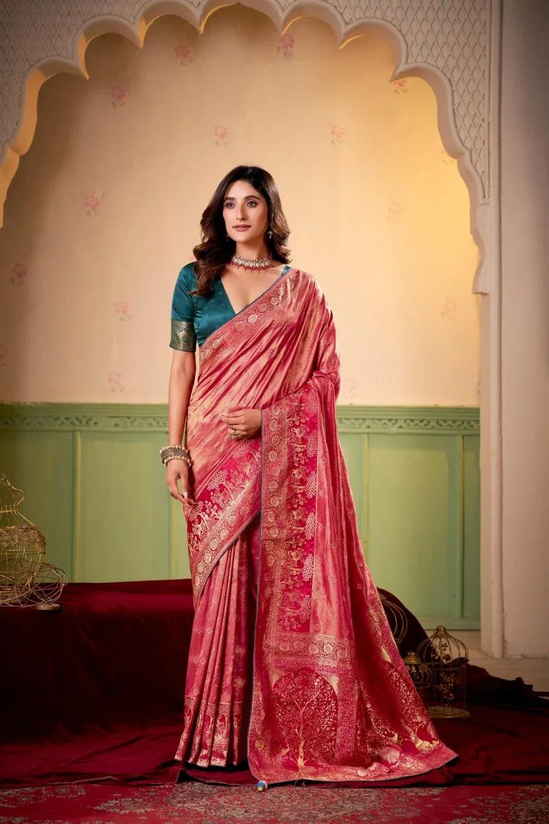Satin Tissue Woven Design Jacquard Work Saree With Blouse Piece - EZBER
