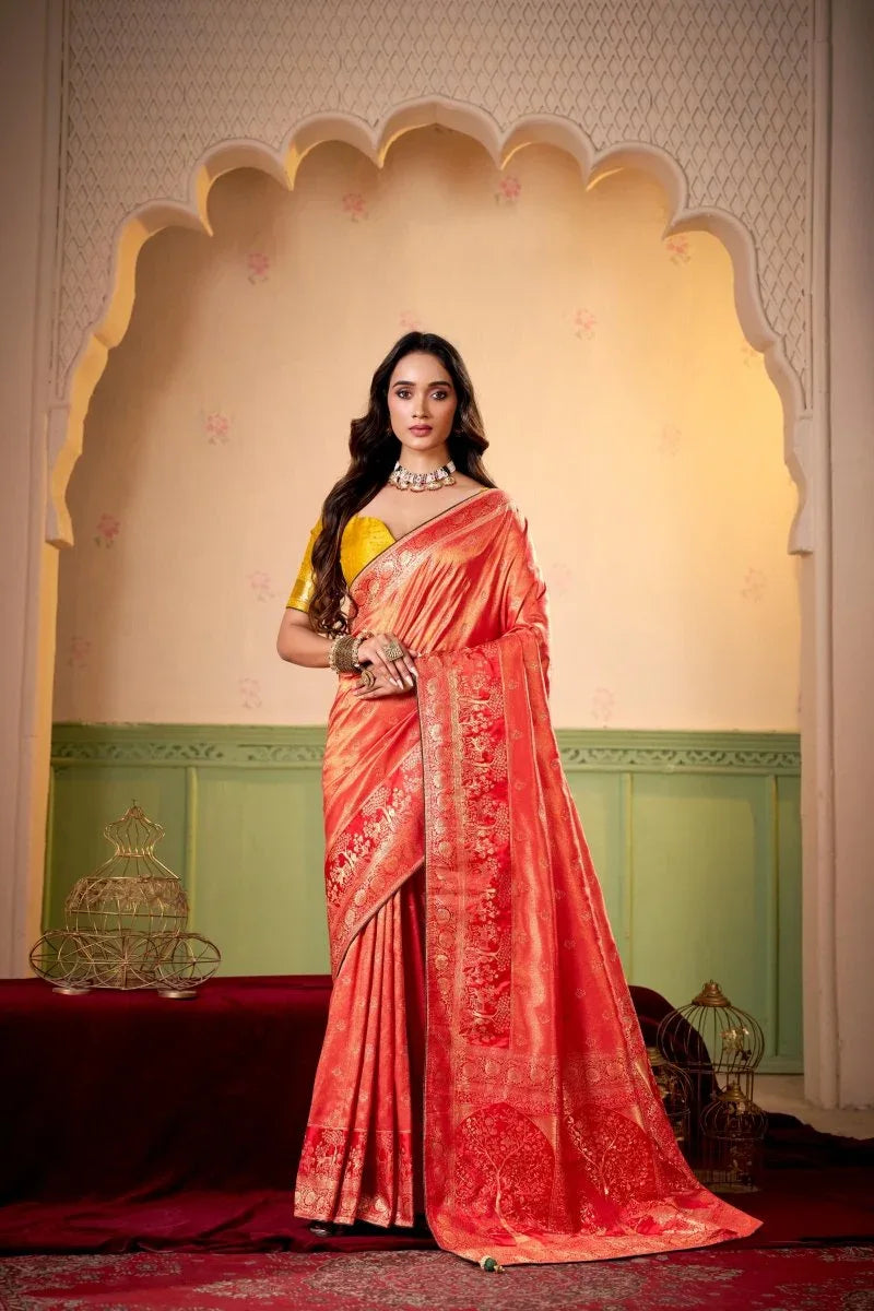 Satin Tissue Woven Design Jacquard Work Saree With Blouse Piece - EZBER