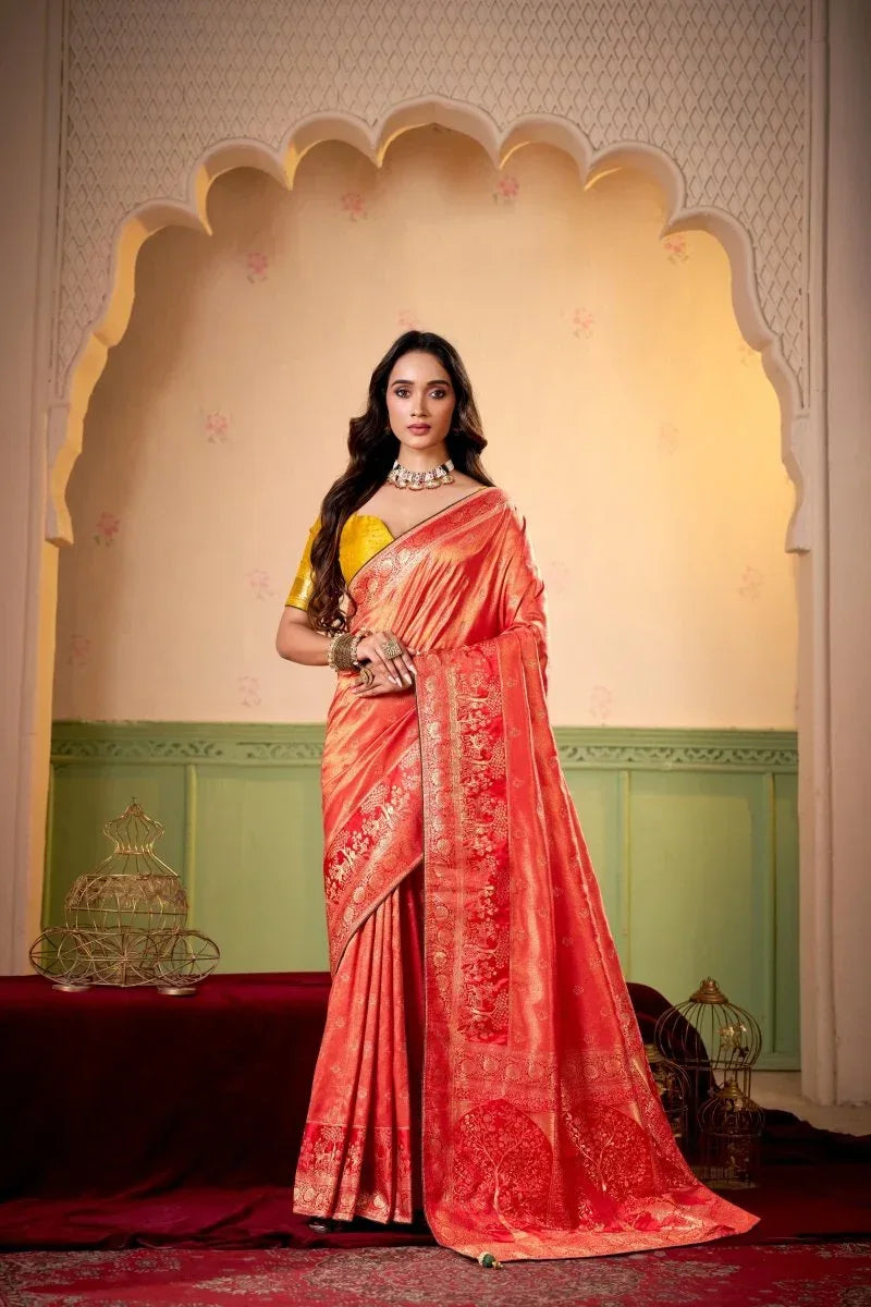 Red Satin Tissue Saree with Blouse Piece  | EZBER