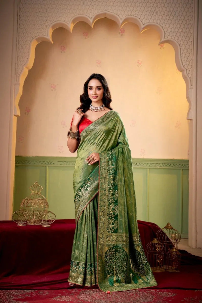 Satin Tissue Woven Design Jacquard Work Saree With Blouse Piece - EZBER