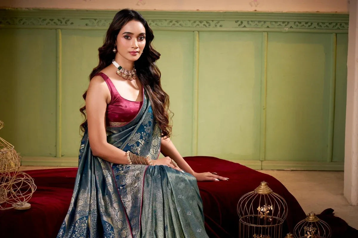 Satin Tissue Woven Design Jacquard Work Saree With Blouse Piece - EZBER