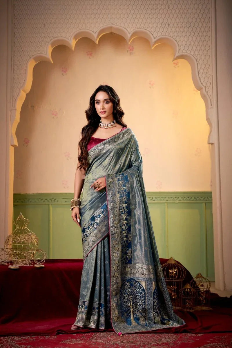 Satin Tissue Woven Design Jacquard Work Saree With Blouse Piece - EZBER