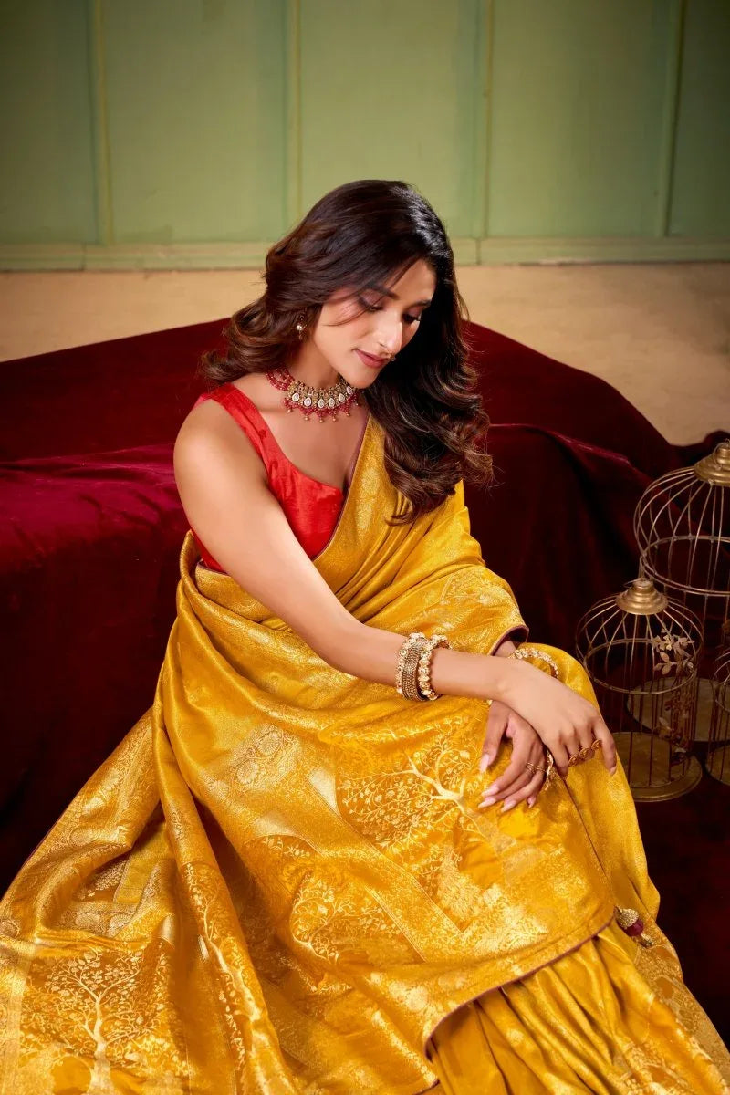 Satin Tissue Woven Design Jacquard Work Saree With Blouse Piece - EZBER