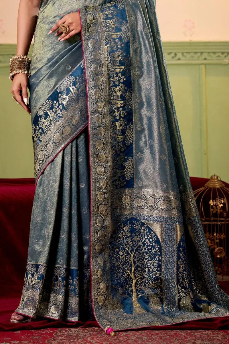 Satin Tissue Woven Design Jacquard Work Saree With Blouse Piece - EZBER
