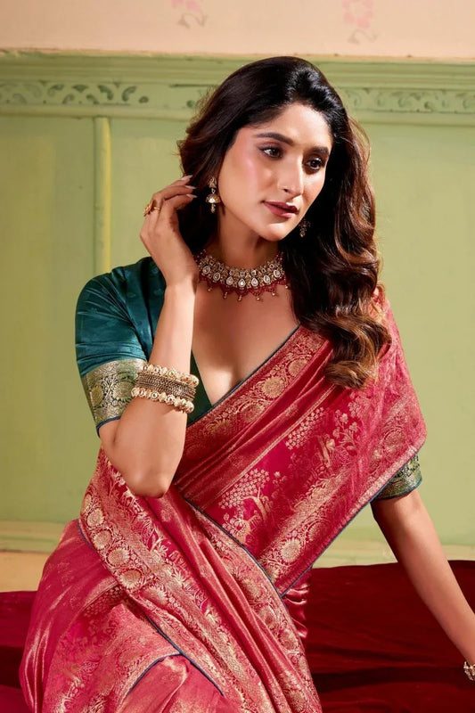 Satin Tissue Woven Design Jacquard Work Saree With Blouse Piece - EZBER