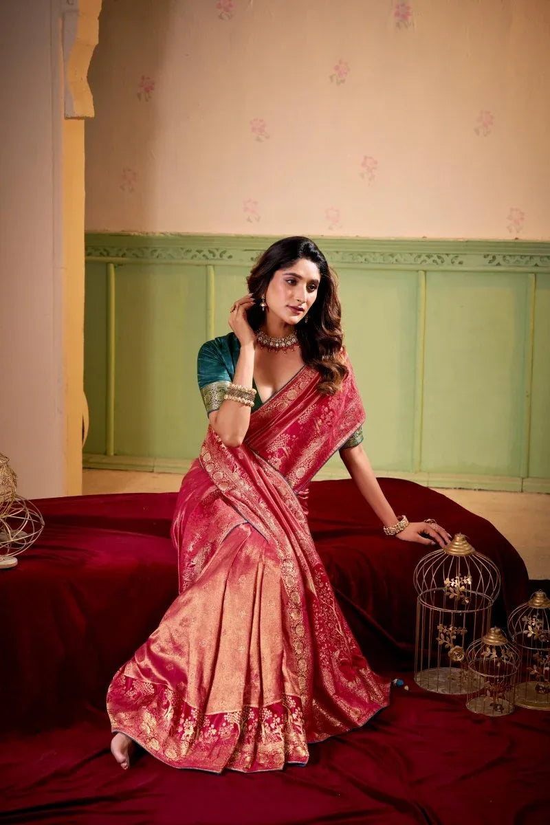 Satin Tissue Woven Design Jacquard Work Saree With Blouse Piece - EZBER
