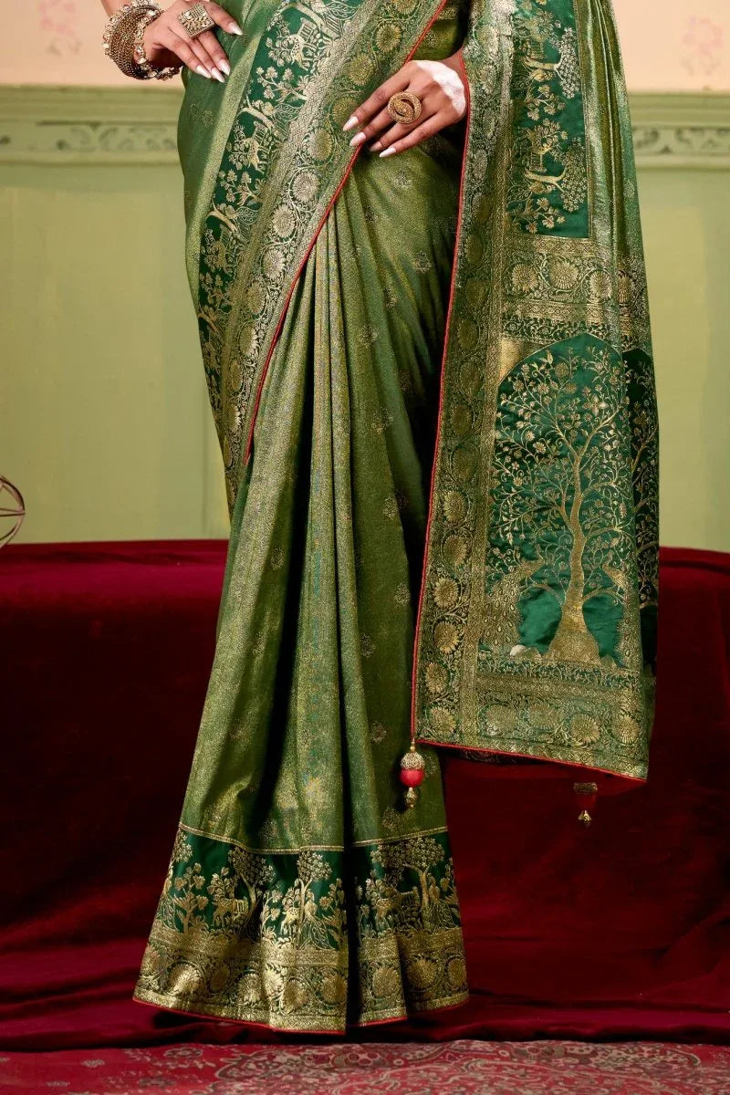 Satin Tissue Woven Design Jacquard Work Saree With Blouse Piece - EZBER