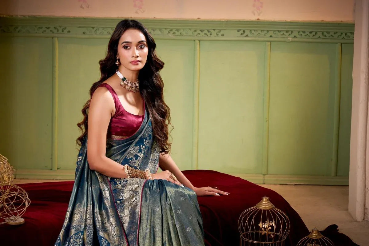 Satin Tissue Woven Design Jacquard Work Saree With Blouse Piece - EZBER