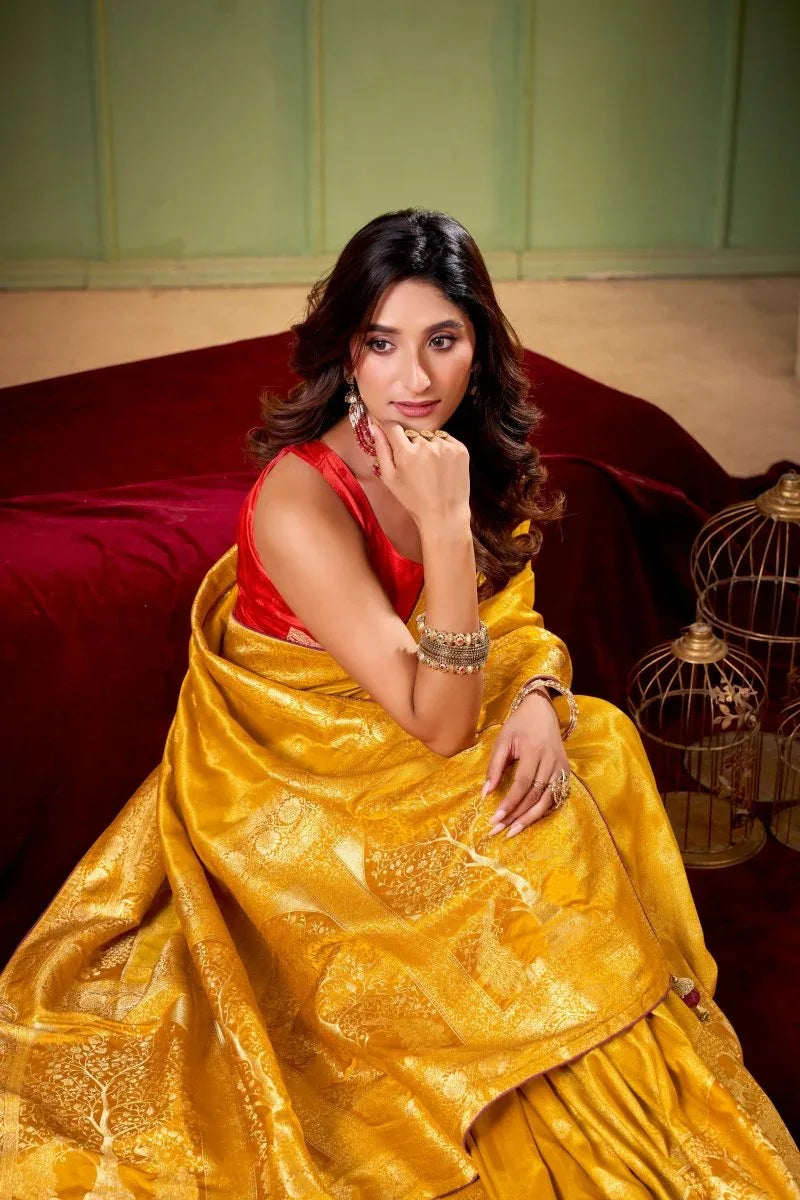 Satin Tissue Woven Design Jacquard Work Saree With Blouse Piece - EZBER