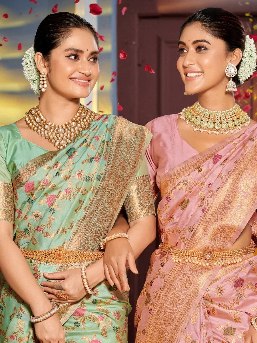 Sea Green Banarasi silk Saree With Blouse Piece - EZBER