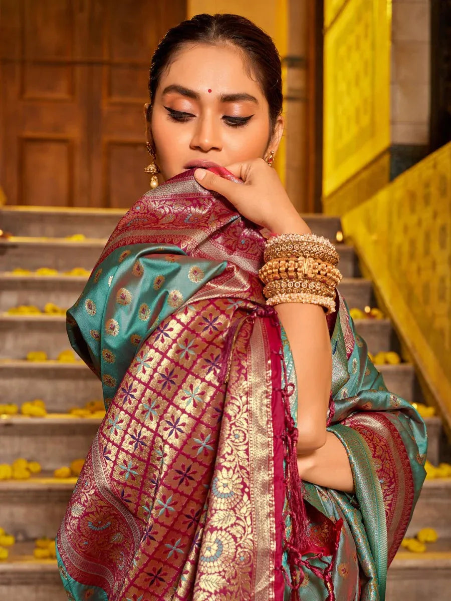 Sea Green Banarasi silk Saree With Blouse Piece - EZBER