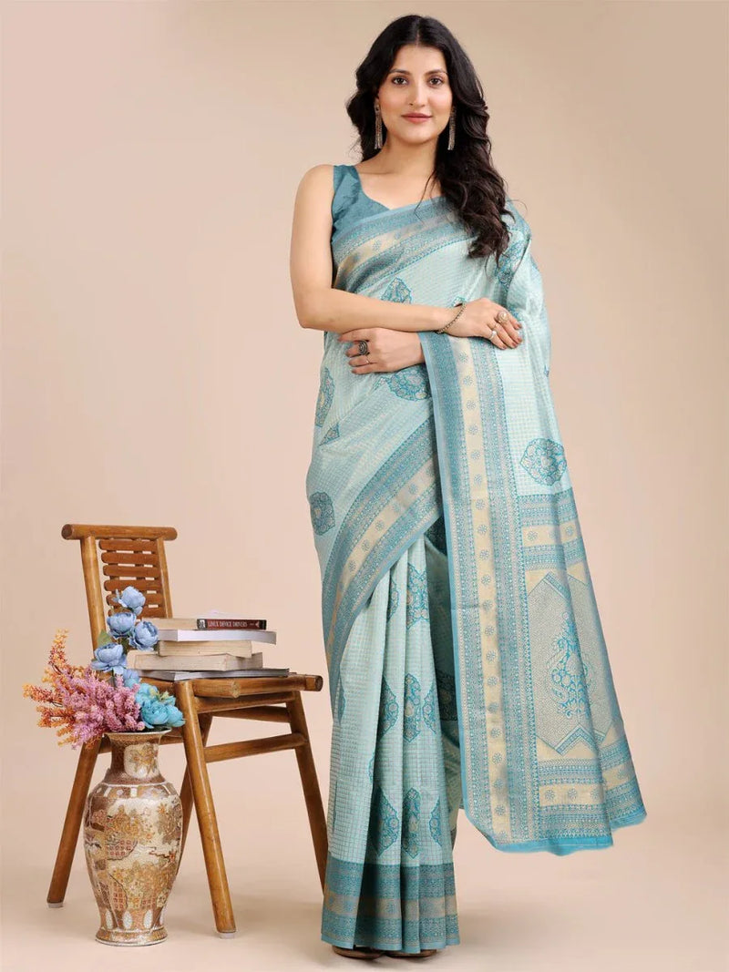Sea Green Banarasi Silk Saree With Blouse Piece - EZBER