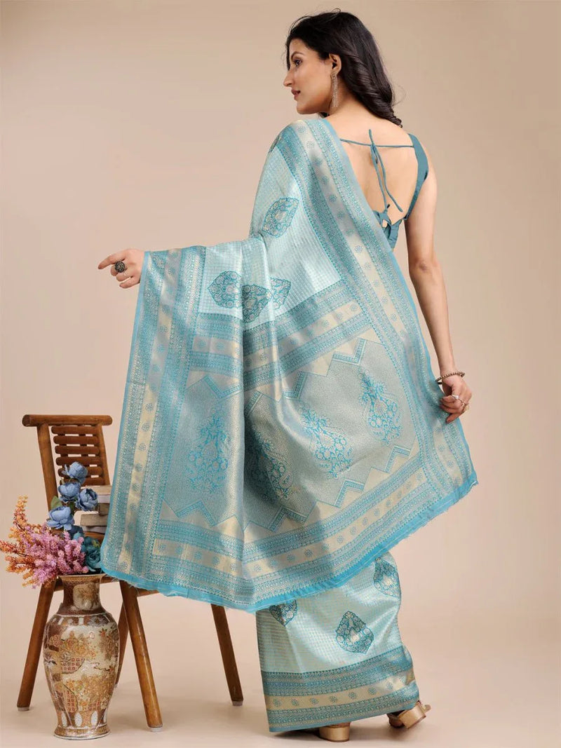Sea Green Banarasi Silk Saree With Blouse Piece - EZBER