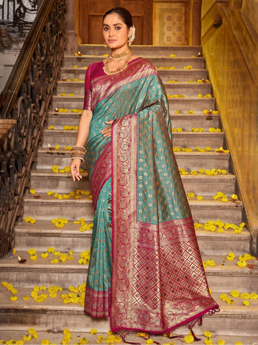 Sea Green Banarasi silk Saree With Blouse Piece - EZBER