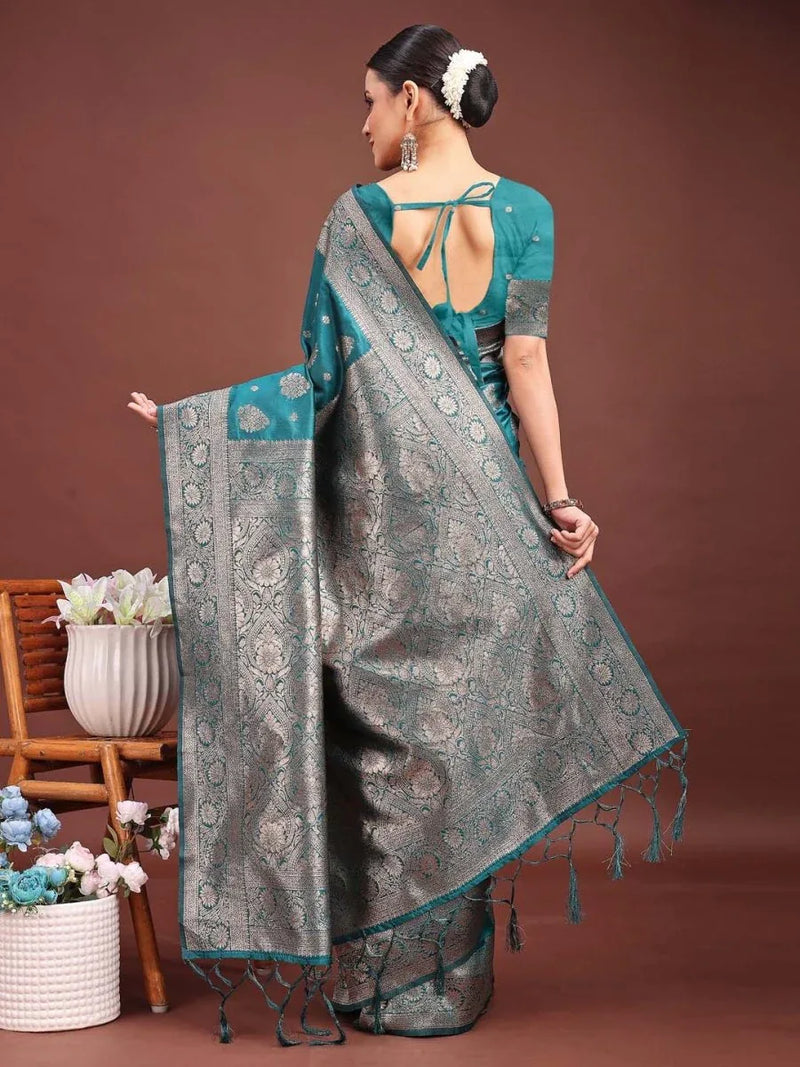 Sea Green Banarasi Silk Saree With Blouse Piece - EZBER