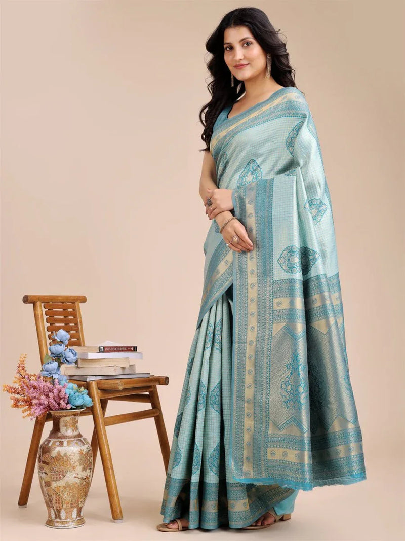 Sea Green Banarasi Silk Saree With Blouse Piece - EZBER
