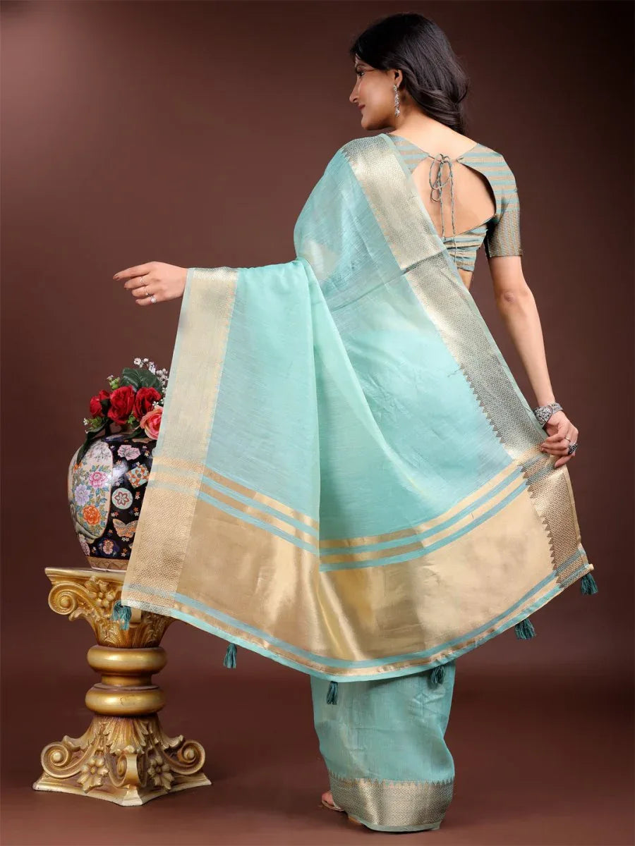 Sea Green Cotton Saree With Blouse Piece - EZBER