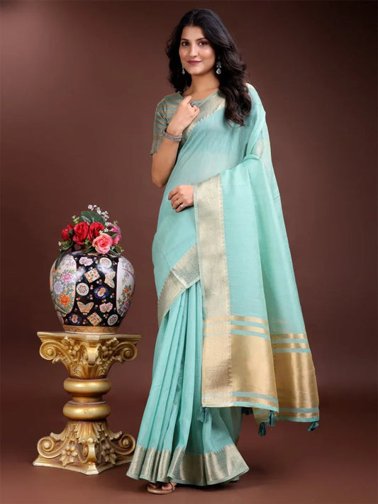 Sea Green Cotton Saree With Blouse Piece - EZBER
