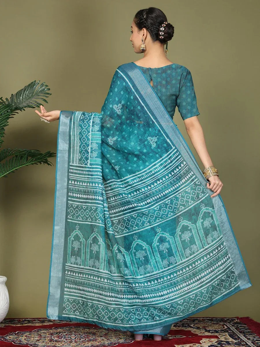 Sea Green Cotton Saree With Blouse Piece - EZBER