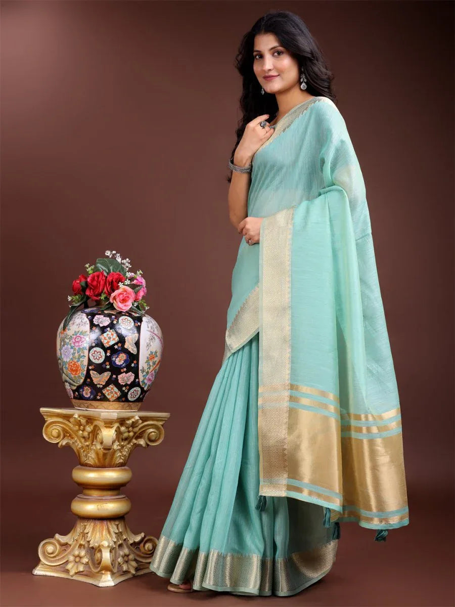 Sea Green Cotton Saree With Blouse Piece - EZBER