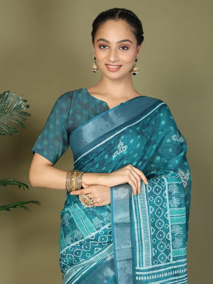 Sea Green Cotton Saree With Blouse Piece - EZBER