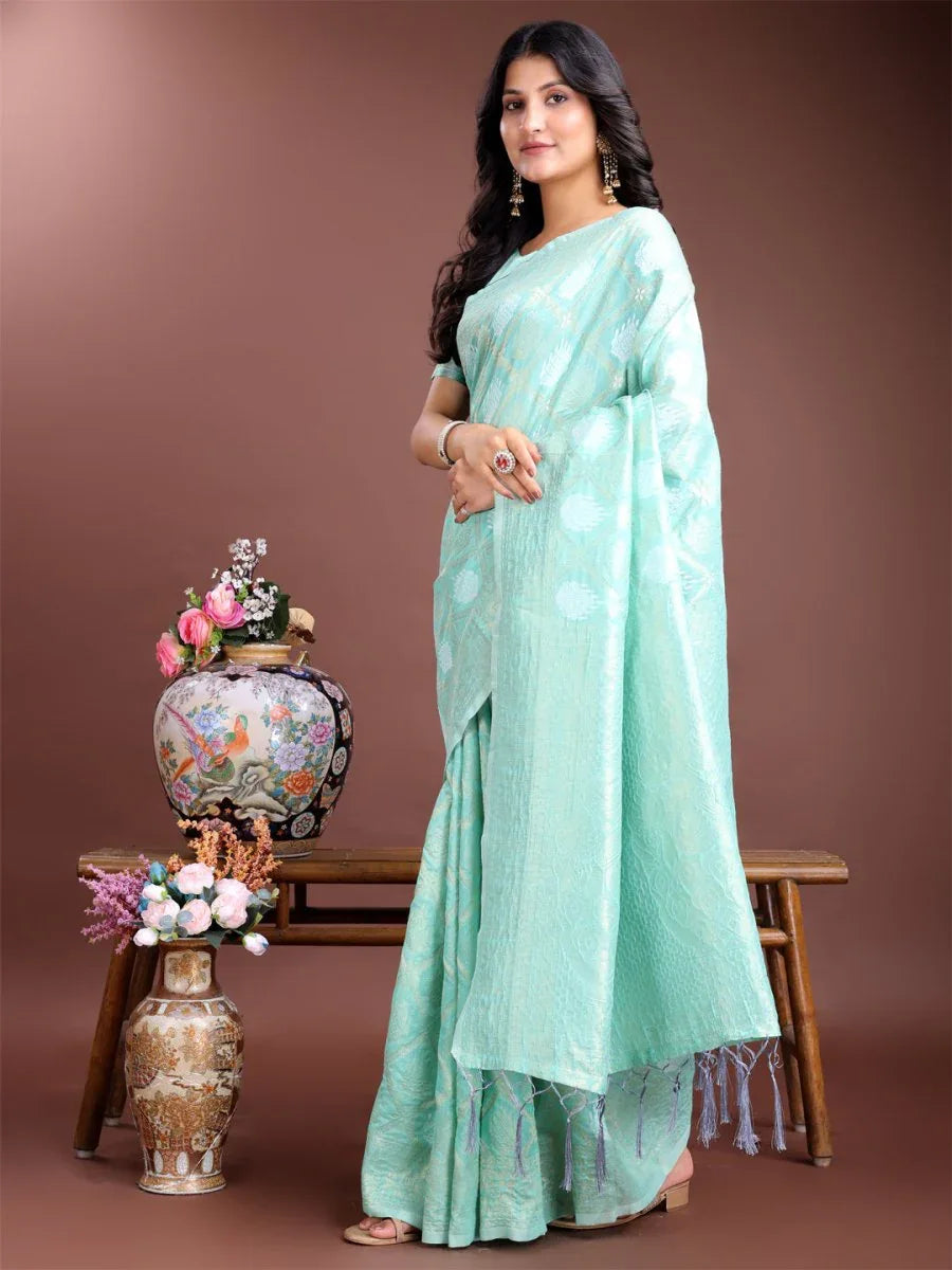 Sea Green Cotton Saree With Blouse Piece - EZBER