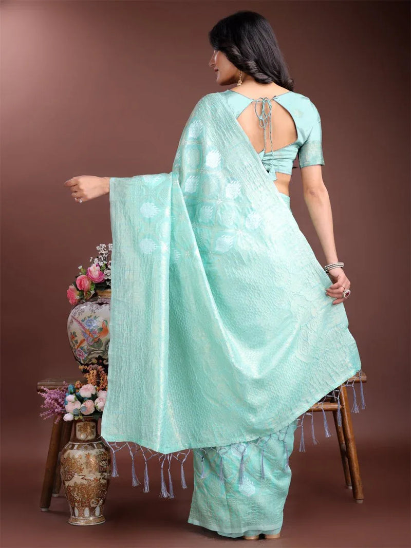 Sea Green Cotton Saree With Blouse Piece - EZBER