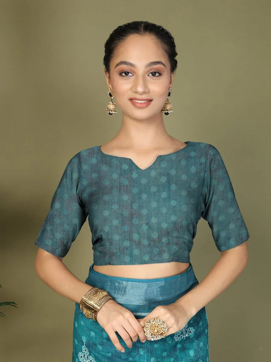 Sea Green Cotton Saree With Blouse Piece - EZBER