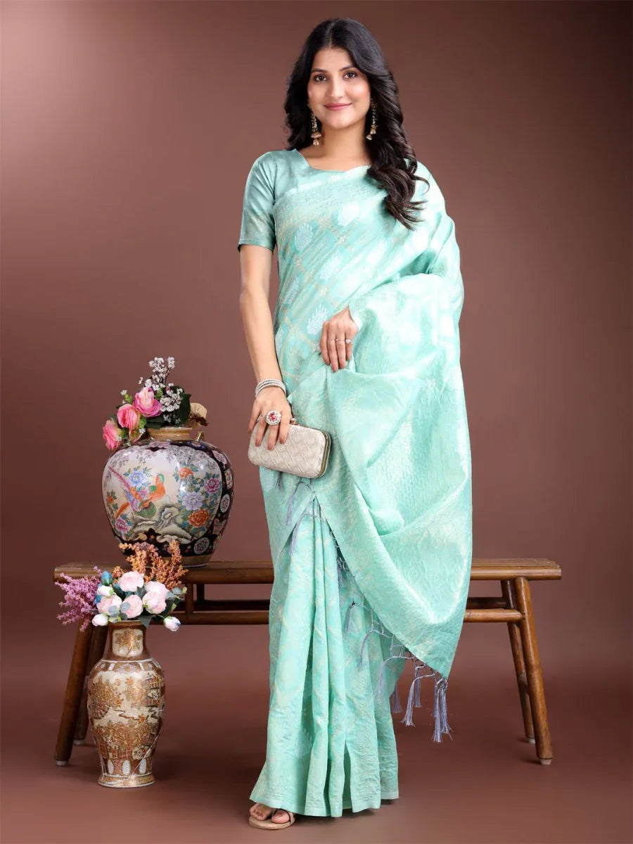 Sea Green Cotton Saree With Blouse Piece - EZBER