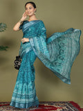 Sea Green Cotton Saree With Blouse Piece - EZBER