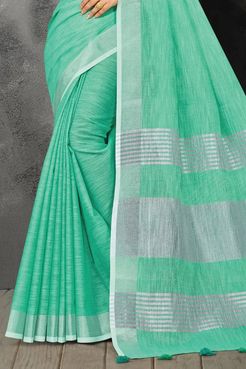 Sea Green Linen Blend Saree - EZBER