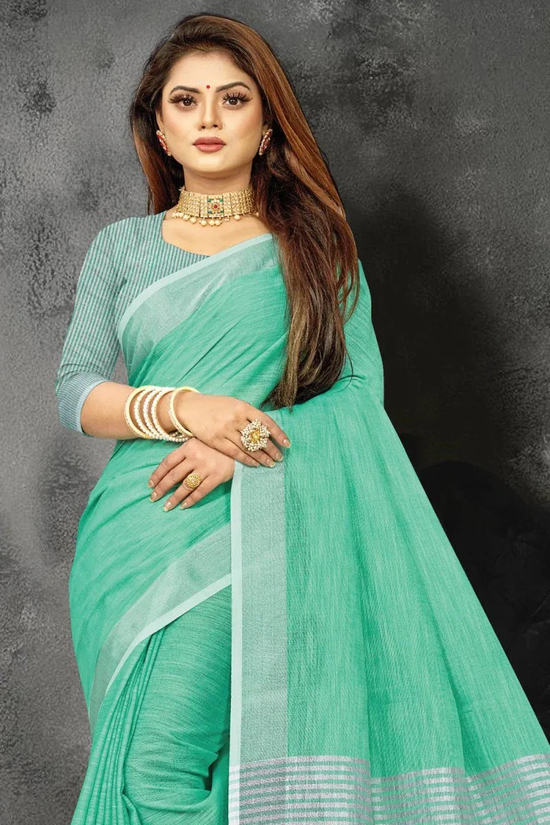 Sea Green Linen Blend Saree - EZBER