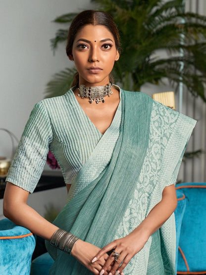 Sea Green Linen Brocade Saree | EZB SI04 SWLIN1001 - EZBER