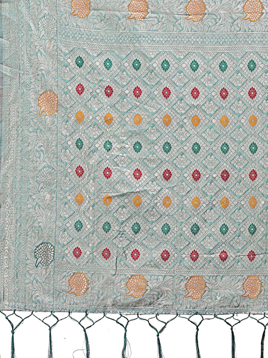 Sea Green Linen Cotton Brocade Saree | EZB SI04 ASBUL1006 - EZBER