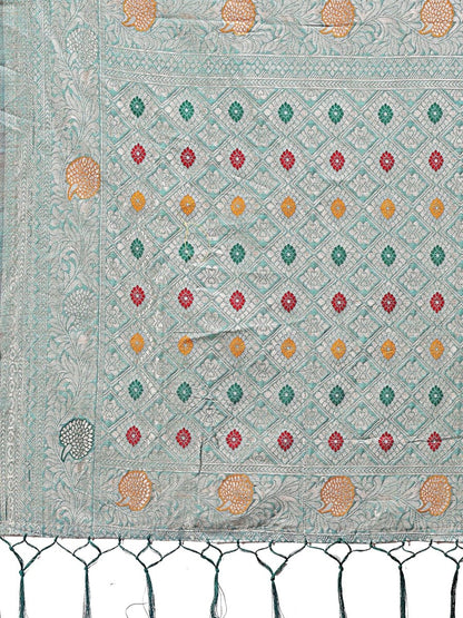 Sea Green Linen Cotton Brocade Saree | EZB SI04 ASBUL1006 - EZBER
