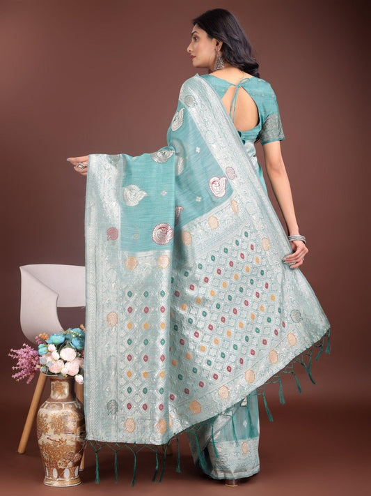 Sea Green Linen Cotton Brocade Saree | EZB SI04 ASBUL1006 - EZBER