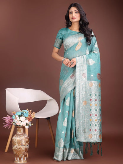 Sea Green Linen Cotton Brocade Saree | EZB SI04 ASBUL1006 - EZBER
