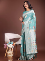 Sea Green Linen Cotton Brocade Saree | EZB SI04 ASBUL1006