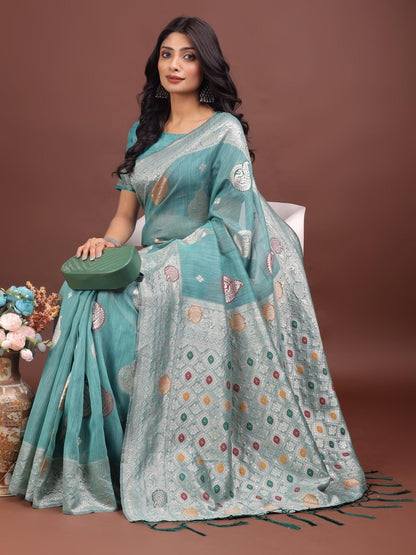 Sea Green Linen Cotton Brocade Saree | EZB SI04 ASBUL1006 - EZBER