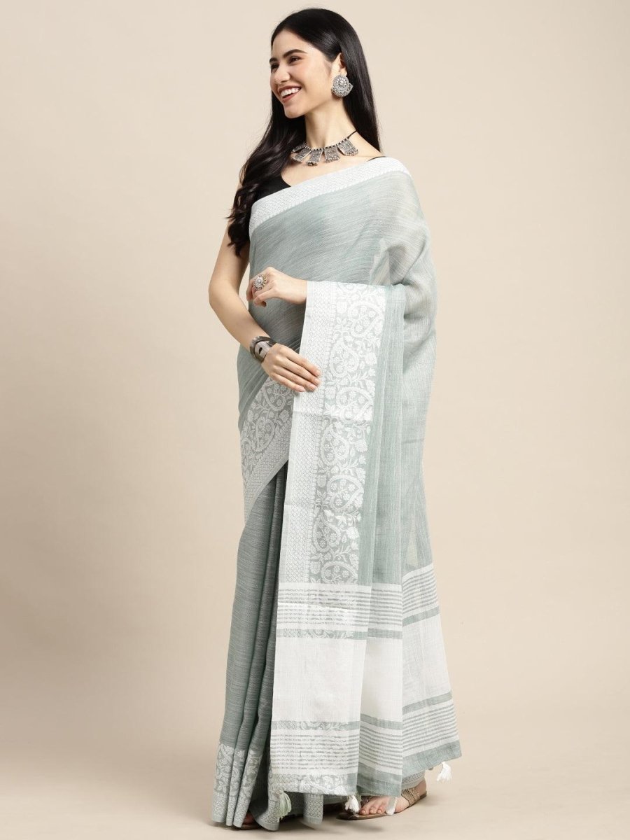 Sea Green Linen Cotton Handloom Saree | EZB SI04 SGGLO-3001 - EZBER