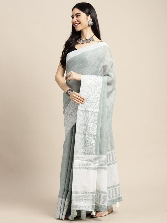 Sea Green Linen Cotton Handloom Saree | EZB SI04 SGGLO-3001 - EZBER